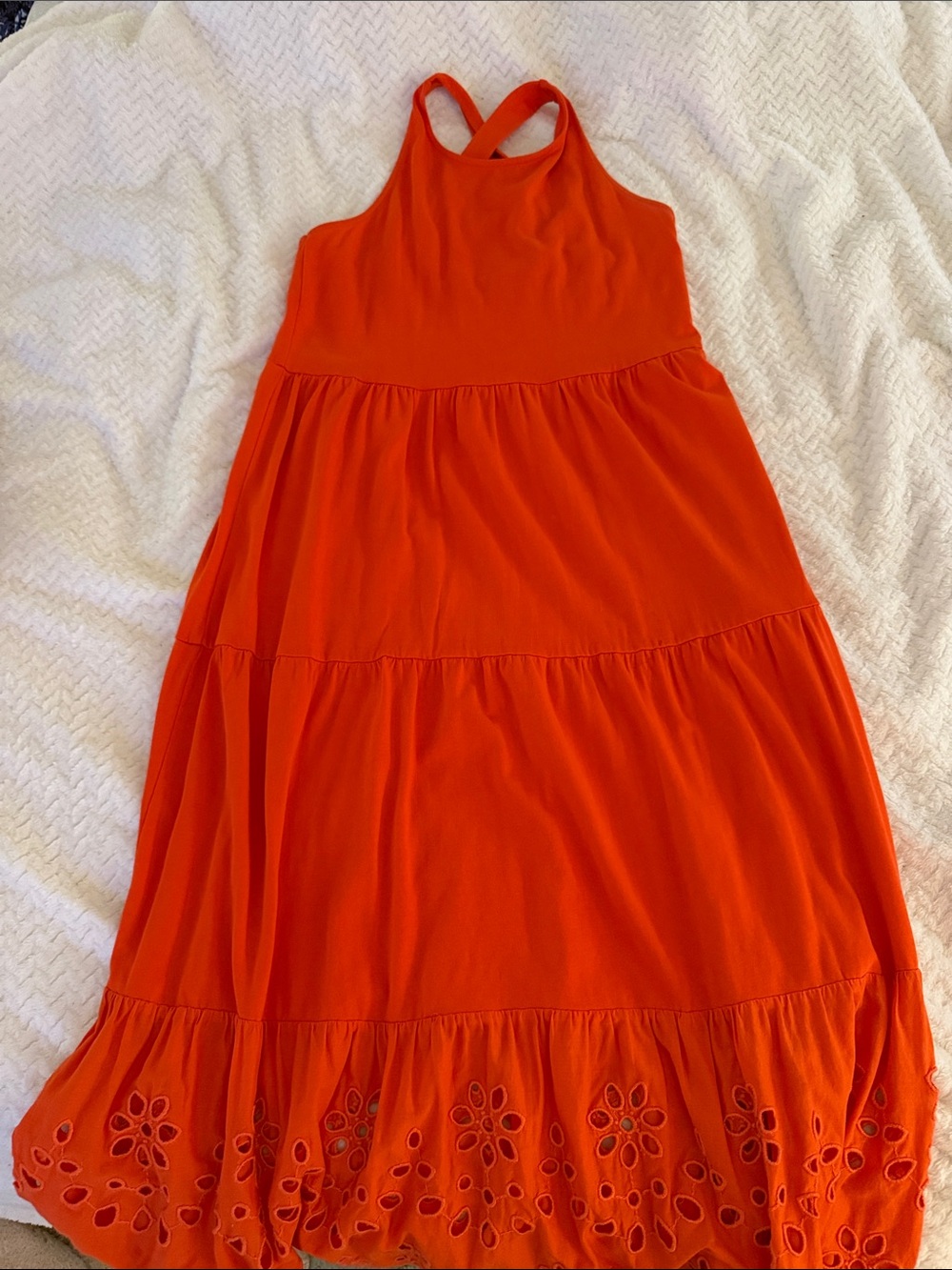 J. Crew Orange Tiered Halter Midi Dress with Eyelet Trim